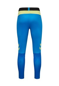 Niebieskie legginsy sportowe z czarnym i żółtym elastycznym pasem, o dopasowanym kroju i żółtych akcentach w okolicy kostek.
