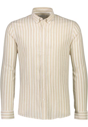 Camisa de manga larga a rayas beige, hecha de un tejido ligero. Presenta un cuello con botones y una tapeta de botones con botones blancos.
