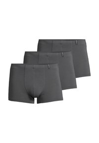 Drei Paar dunkelgraue Baumwollboxershorts. Sie zeichnen sich durch eine enge Passform, einen elastischen Bund und keine sichtbaren Muster oder Logos aus.