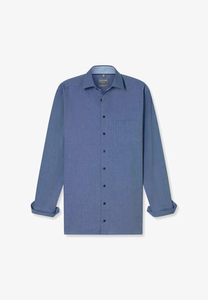 Langärmliges blaues Hemd mit feiner Textur, Button-Down-Kragen, Brusttasche und schwarzen Knöpfen. Die Ärmel sind hochgekrempelt.