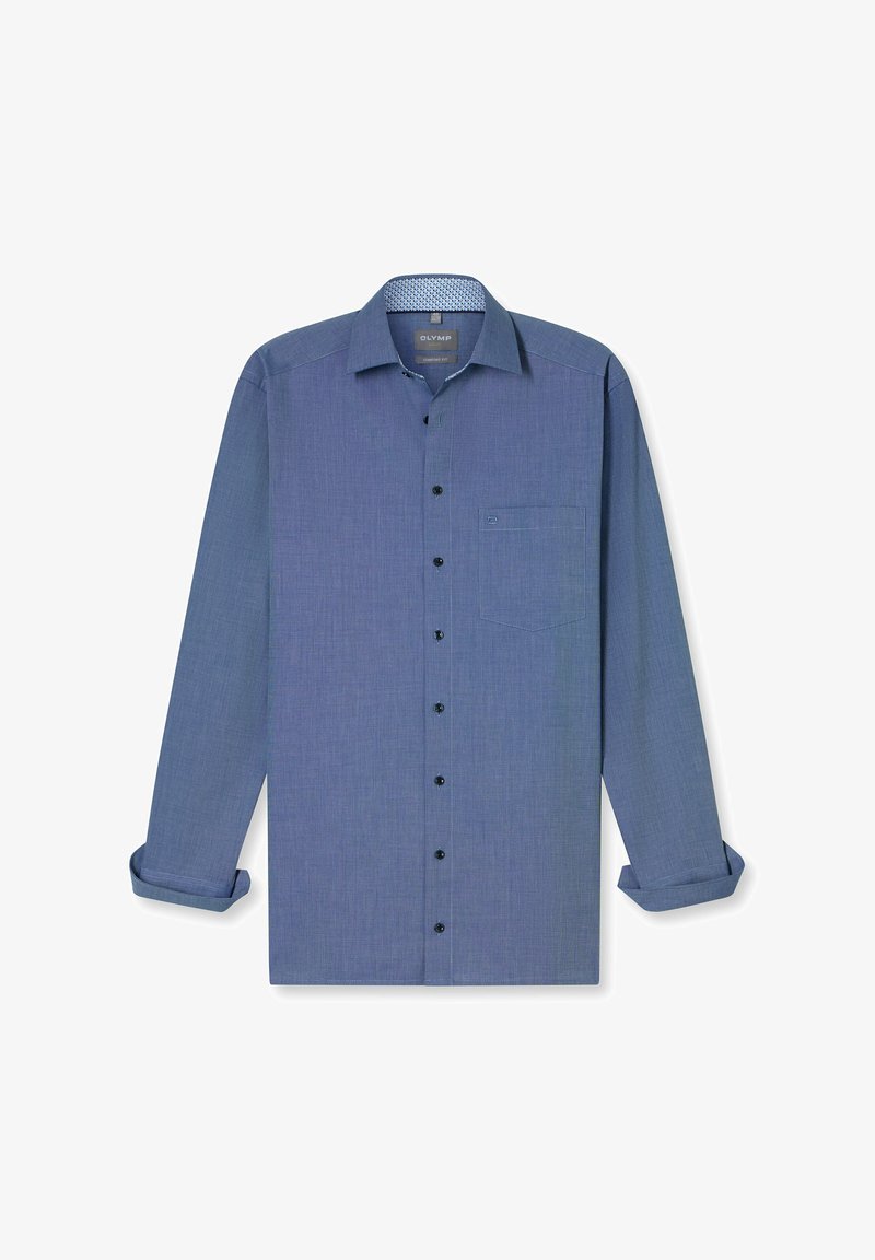Camicia blu a maniche lunghe con una texture fine, colletto button-down, taschino frontale e bottoni neri. I polsini sono arrotolati.
