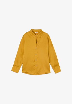 Sennepsgul langærmet skjorte med knapper, krave og manchetærmer, lagt fladt på en hvid baggrund.