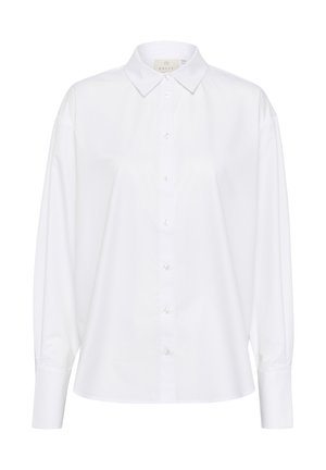 White button-up shirt made of smooth cotton, featuring a classic collar, long puffed sleeves, and a straight hem with subtle sheen.