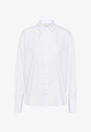 Fehér, gombos ing sima pamutból, klasszikus gallérral, hosszú puffos ujjal és enyhén fényes, egyenes hemrésszel.