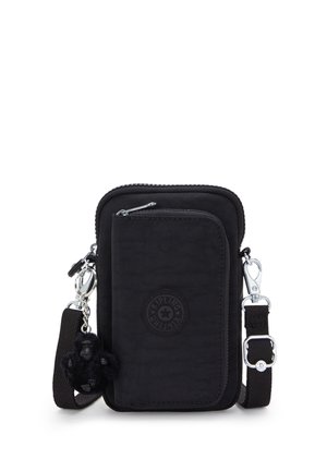 Borsa a tracolla nera compatta con tasca frontale con zip, tracolla regolabile e removibile, e piccolo portachiavi a forma di gorilla.