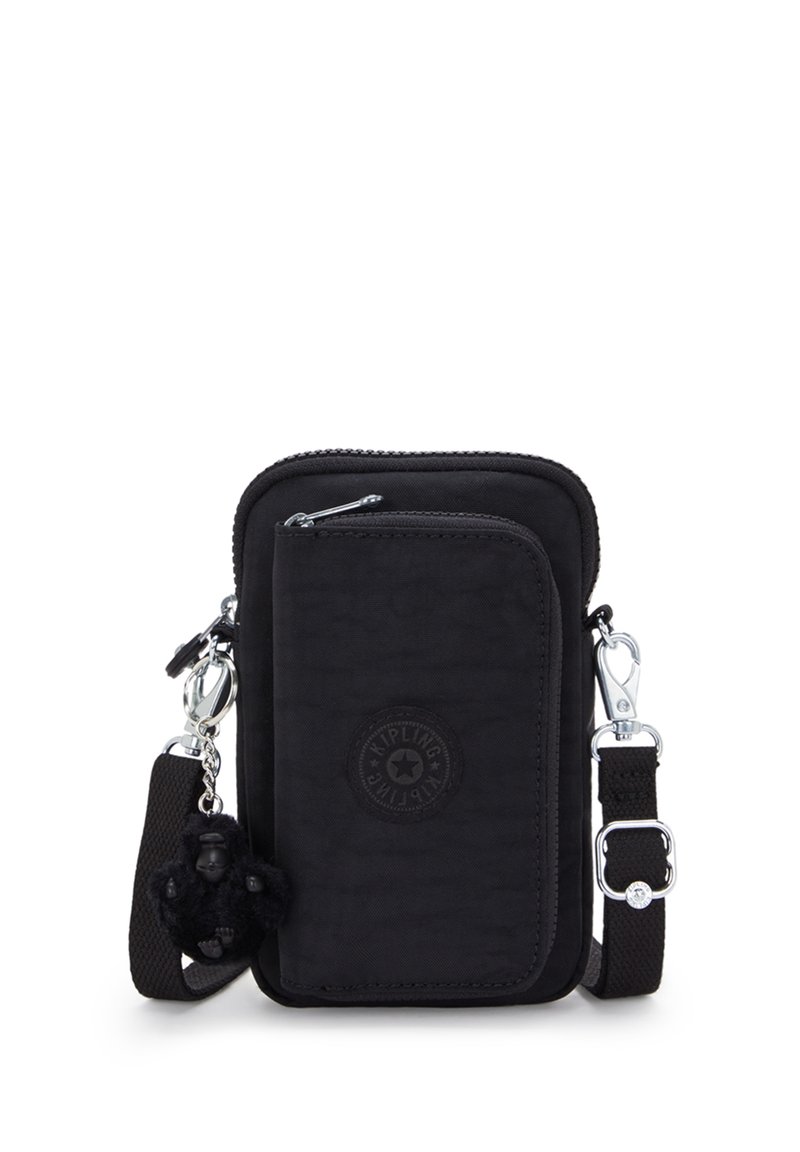 Kompakt sort crossbody taske med frontlomme med lynlås, aftagelig justerbar strop og lille gorilla nøglekæde charme.