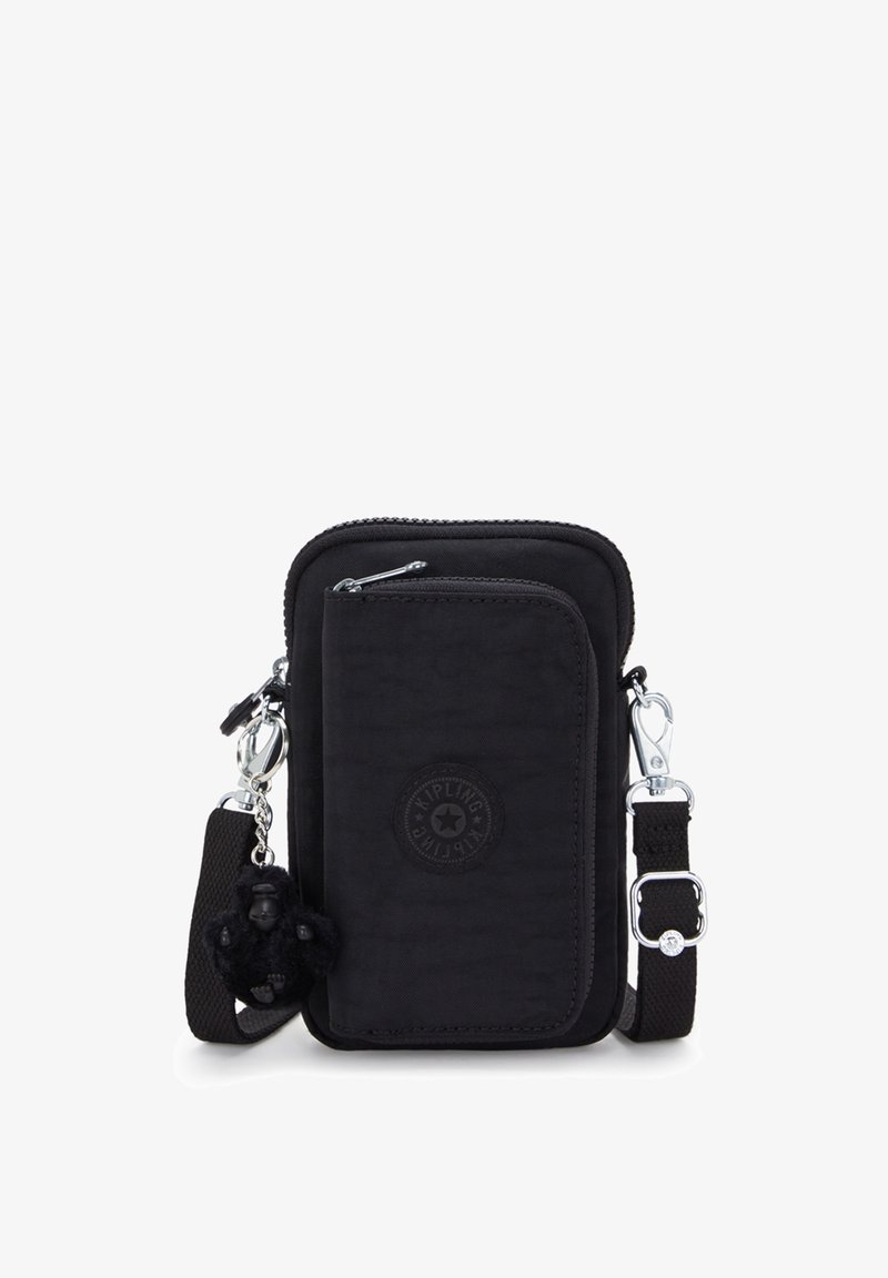 Borsa a tracolla nera compatta con tasca frontale con zip, tracolla regolabile e removibile, e piccolo portachiavi a forma di gorilla.