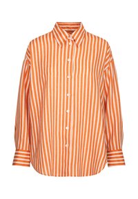 Camicia a righe arancione e bianca con colletto, caratterizzata da maniche lunghe e una vestibilità comoda. Realizzata in tessuto leggero.