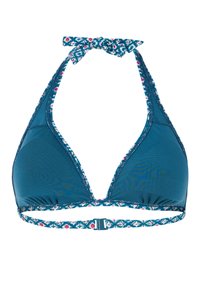 Top bikini color turchese con coppe triangolari, legatura al collo a halter e bordi decorati con disegni geometrici rosa e blu. Tessuto morbido, fascia regolabile.