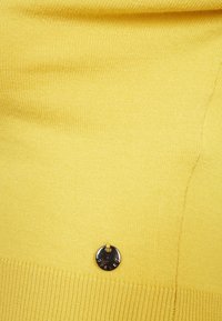 Gul tröja med en jämn stickad textur och en liten rund silvertagg med varumärkesnamnet "Sisley" i nederdelen av mitten.