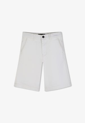 Witte denim shorts met een rechte pasvorm, voorzien van steekzakken aan de voorkant, een zwarte knoopsluiting en ton-sur-ton stiksel.