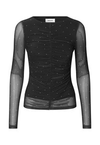 Μαύρη τοπ μακρυά μανίκια, διαφανές ύφασμα με μαζεμένα διακοσμητικά στοιχεία, διακοσμημένο με μικρές λευκές βούλες, στρογγυλή λαιμόκοψη, εφαρμοστή γραμμή.