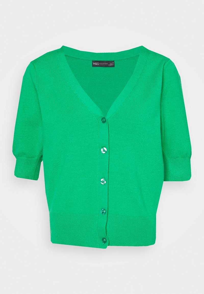 Cardigan vert tricoté avec un col en V, des manches courtes et six boutons sur le devant. Texture lisse, ourlet côtelé et poignets de manches côtelés.