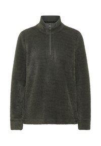 Tmavě zelený fleecový pulovr s polovičním zipem u límce, měkkou texturou a dlouhými rukávy. Minimalistický design bez viditelných vzorů či akcentů.