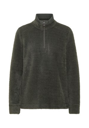 Tmavě zelený fleecový pulovr s polovičním zipem u límce, měkkou texturou a dlouhými rukávy. Minimalistický design bez viditelných vzorů či akcentů.