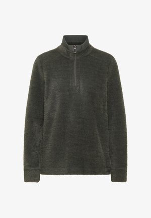 Mörkgrön fleece-tröja med halvlång dragkedja vid kragen, mjuk textur och långa ärmar. Minimalistisk design utan synliga mönster eller detaljer.