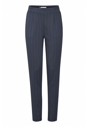Navy trousers featuring a flat front, vertical pinstripes, and a tailored fit. Made of a smooth fabric with a slight sheen.
