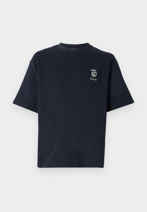 T-shirt en coton bleu marine à manches courtes, col rond, et avec un petit motif brodé sur la poitrine gauche.