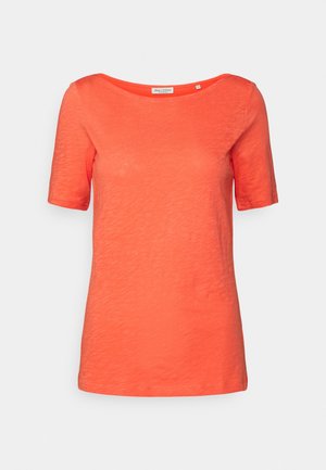 Krótki rękaw, T-shirt z dekoltem w serek w jaskrawym pomarańczowym kolorze, wykonany z lekkiej tkaniny o fakturze, charakteryzujący się luźnym krojem i wykończonymi rękawami.