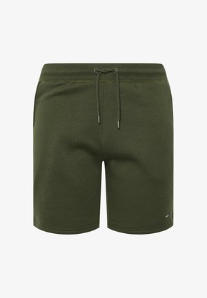 Mørkegrønne afslappede shorts med elastisk talje, snøre og sidelommer, vist mod en ensfarvet hvid baggrund.