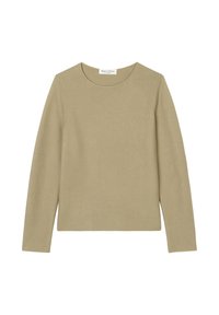 Beige long-sleeve top made of soft, knit fabric. Features a crew neck and a simple, clean design with no patterns or accents.
