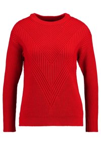 Czerwony dzianinowy sweter z V-kształtnym żebrowanym wzorem, długimi rękawami i okrągłym dekoltem. Wykonany z miękkiego, teksturowanego materiału.