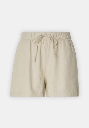 Shorts en lin beige avec taille élastique et cordon de serrage. Présente une coupe décontractée et une texture lisse. Pas de poches ni de matériel visible.