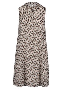 Bezramínková šaty ve tvaru A s vysokým výstřihem, které mají opakující se geometrický vzor v béžové, hnědé a černé na bílé látce.