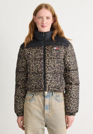 Puffer jacket with a black faux leather collar and leopard print fabric. Features quilted sections and a zipper closure. Accented with logo.