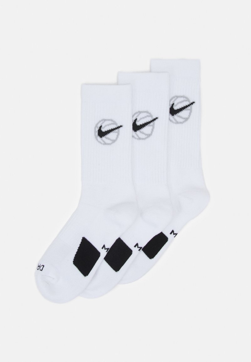 Baltas zeķes, izgatavotas no kokvilnas maisījuma, ar basketbola grafiku un Nike logotipu. Ribota tekstūra ar melniem akcentiem papēdī un pirkstos.
