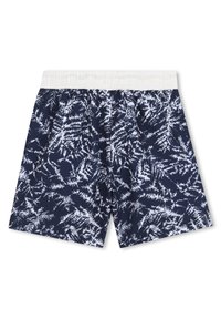 Μπλε ναυτικό μαγιό βερμούδα με λευκό σχέδιο που μοιάζει με φτέρη, διαθέτει ελαστική μέση και ελαφρύ ύφασμα για άνεση.