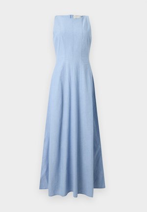 Sleeveless light blue long dress with fitted bodice and flared skirt, displayed on plain background.