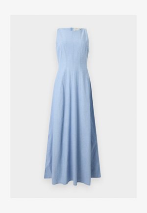 Sleeveless light blue long dress with fitted bodice and flared skirt, displayed on plain background.