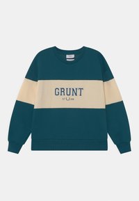 Turkusowy sweterek z kremowymi poziomymi paskami. Zawiera napis "GRUNT EST 2008" w granatowej czcionce. Ribbowane mankiety i dół, luźny krój. Materiał z mieszanki bawełny.