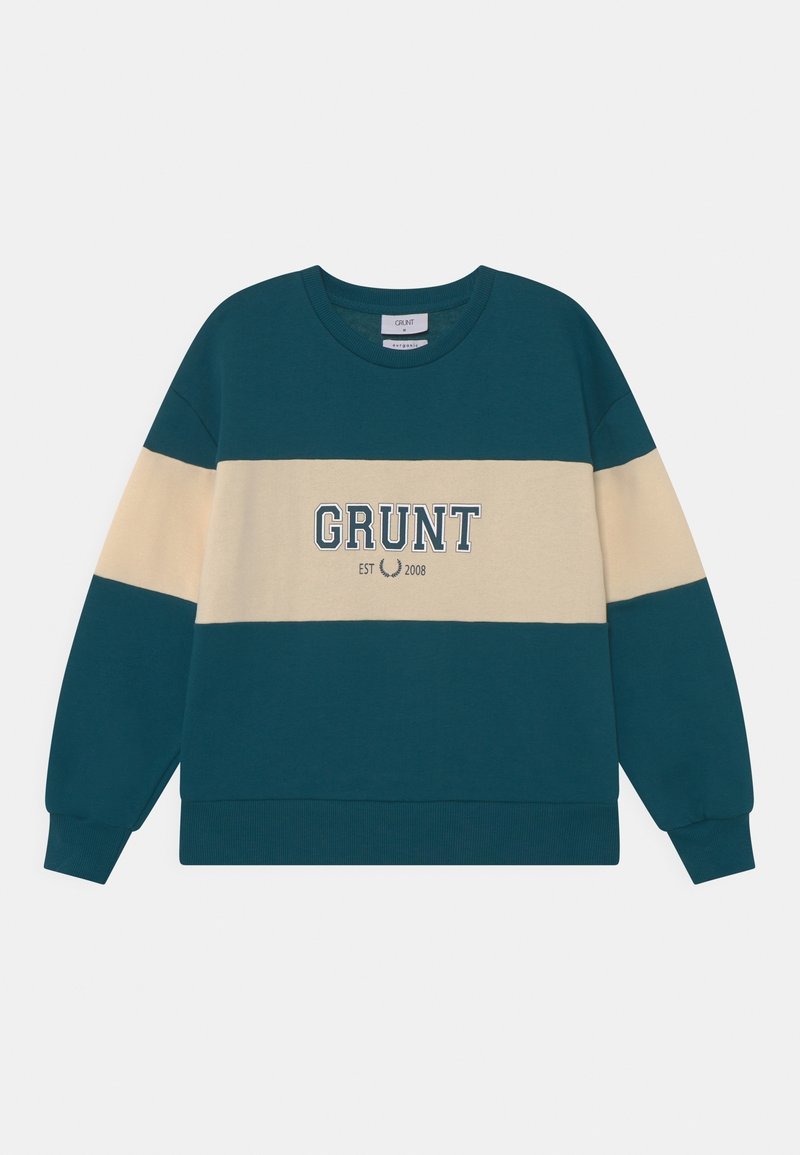 Turkusowy sweterek z kremowymi poziomymi paskami. Zawiera napis "GRUNT EST 2008" w granatowej czcionce. Ribbowane mankiety i dół, luźny krój. Materiał z mieszanki bawełny.