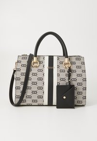 Canvas handbag with a gray pattern, black and white stripes, gold hardware, dual handles, and a detachable black cardholder.