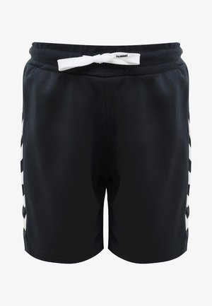 Svarta sportshorts i andningsbart tyg, med vita sidostråk, elastisk midja med dragsko och en mjuk yta.