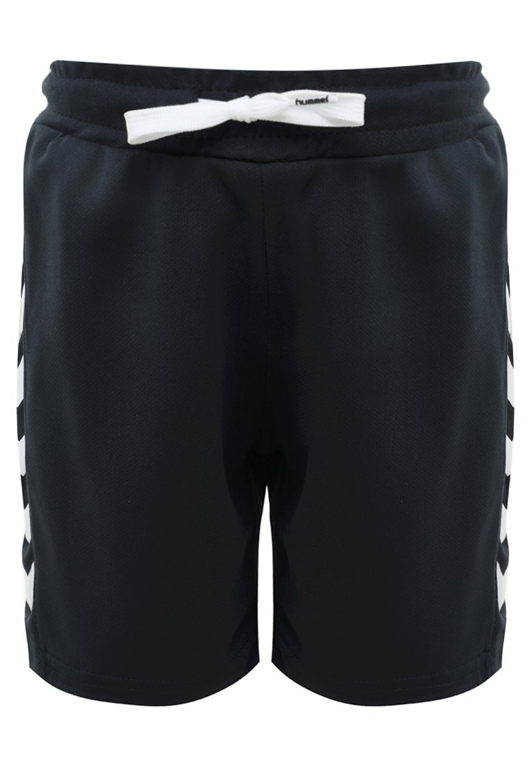 Svarta sportshorts i andningsbart tyg, med vita sidostråk, elastisk midja med dragsko och en mjuk yta.