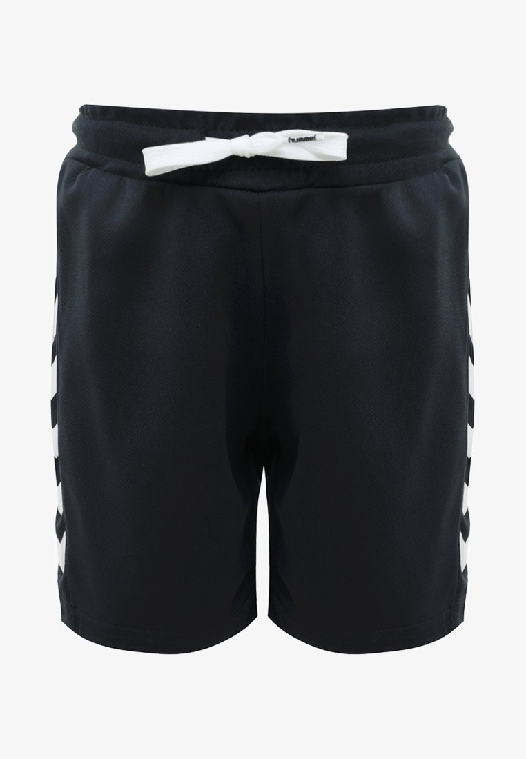 Svarta sportshorts i andningsbart tyg, med vita sidostråk, elastisk midja med dragsko och en mjuk yta.