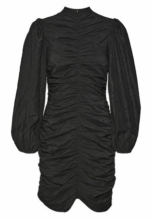 Minidress nero con maniche a sbuffo lunghe, arricciature diffuse, colletto alto e tessuto testurizzato, che creano una silhouette aderente.