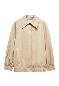 Beige lightweight jacket with a pointed collar, raglan sleeves, elasticized cuffs, and side pockets. Smooth fabric with a casual design.