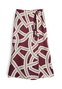 Jupe bordeaux avec un motif géométrique blanc. Dotée d'une taille à nouer et d'un design fluide. Texture lisse avec un léger éclat.