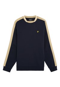 Sweatshirt bleu marine avec des accents beiges, texture côtelée, manches longues et un petit logo brodé sur la poitrine. Encolure ras du cou.