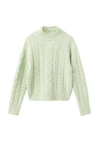 Svijetlozeleni džemper od pletene vune s uzorcima pletenica, okruglim izrezom i dugim rukavima. Meka tekstura s opuštenim, kratkim krojem.