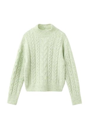 Svetlozelený pletený sveter s vrkočovým vzorom, okrúhlym výstrihom a dlhými rukávmi. Jemná textúra s pohodlným, skráteným strihom.