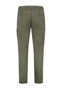Olive green cargo pants with a straight cut, featuring multiple pockets, a zip pocket on the side, and stitched detailing on the back.