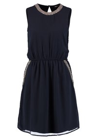 Námořnické bezramínkové šaty s kulatým výstřihem, elastickým pasem a dekoračními korálky po stranách; měkká, splývavá látka.