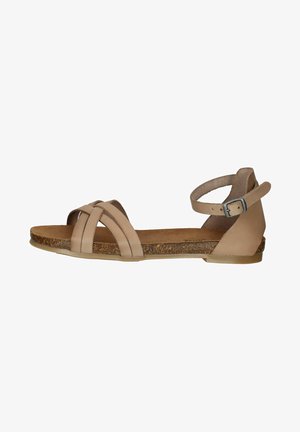 Sandalo in pelle beige con design a fascia incrociata, cinturino alla caviglia con fibbia, soletta in sughero e suola piatta in gomma. Aspetto minimalista.