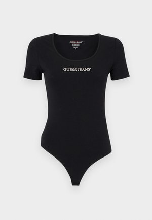 Body corto negro de manga corta con escote redondeado y logotipo "GUESS JEANS" en blanco. Fabricado con material suave y elástico, presenta una silueta ajustada.