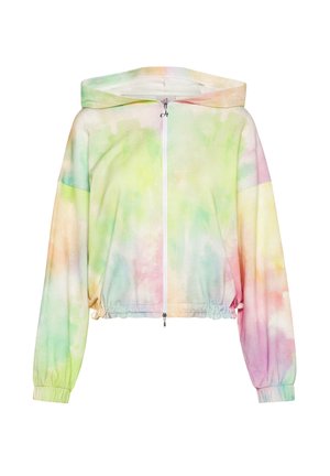Giacca con cappuccio e zip in tie-dye pastello, caratterizzata da motivi verdi, gialli, rosa e arancioni; polsini e fondo elasticizzati con una texture morbida.